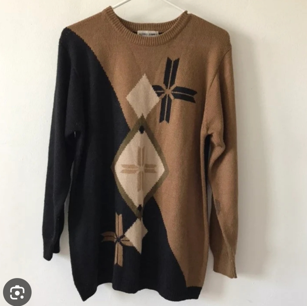 Vintage Wool Blend Geometric Oversized Tunic Sweater In Black & Brown SP